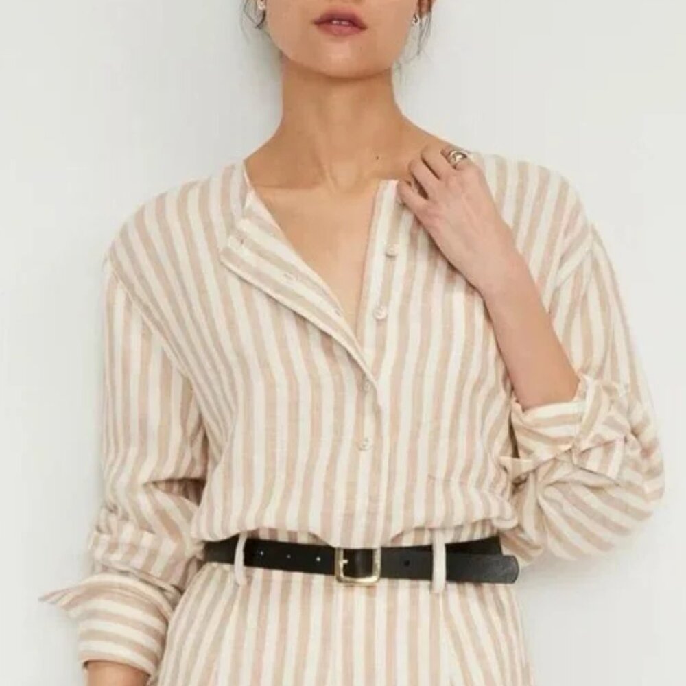 Everlane The Popover Striped Linen Shirt (Beige/White) 2